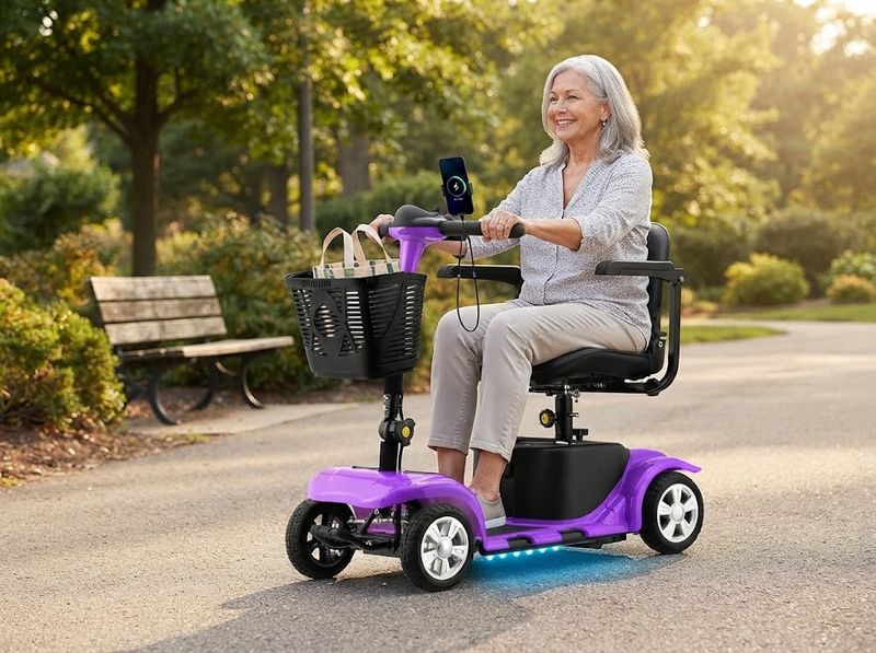 Rider on the 4-Wheel Folding Scooter on a park path