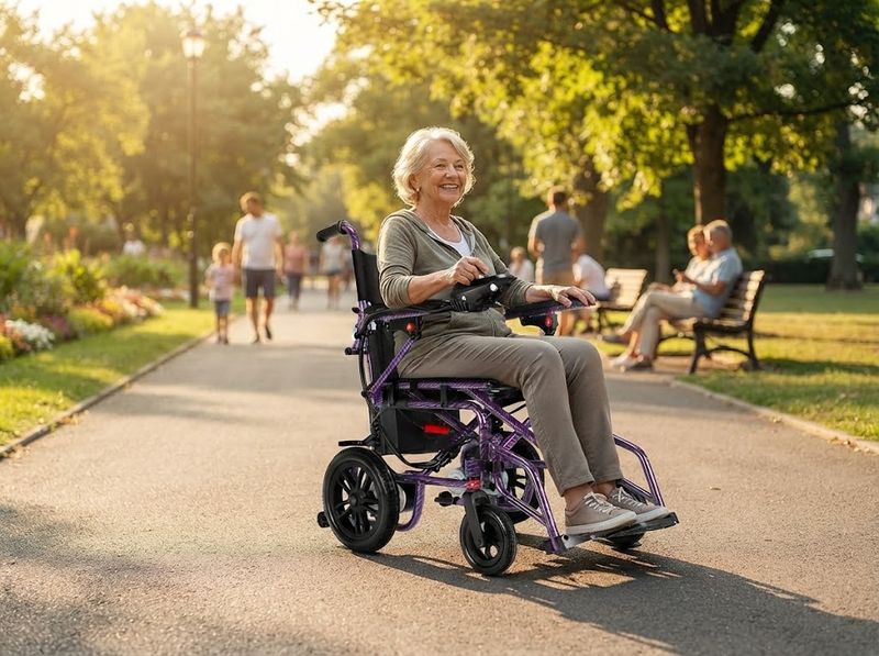 Rider steering an Ofcesw folding electric wheelchair with a joystick