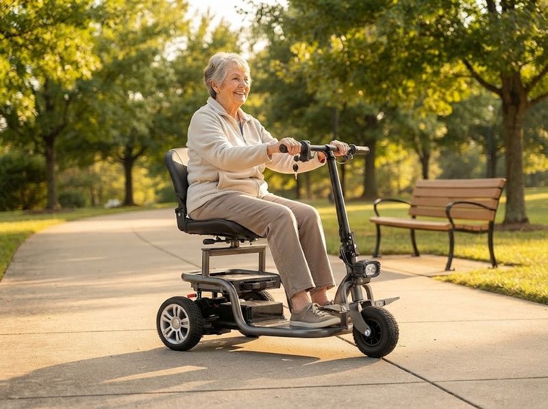Rider on the 3-Wheel Travel Scooter on a paved path