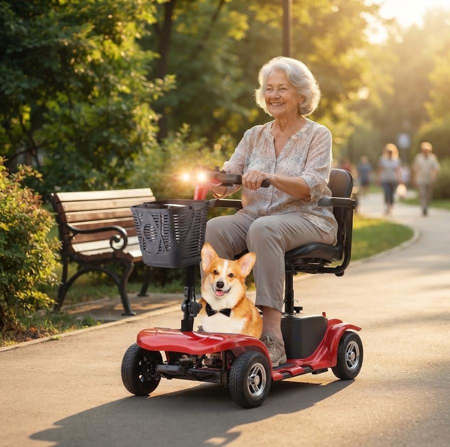 R100 4-Wheel Senior Scooter with its front basket