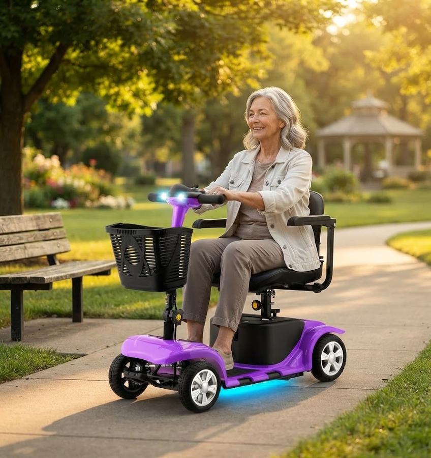 4-Wheel Folding Scooter parked beside a park bench
