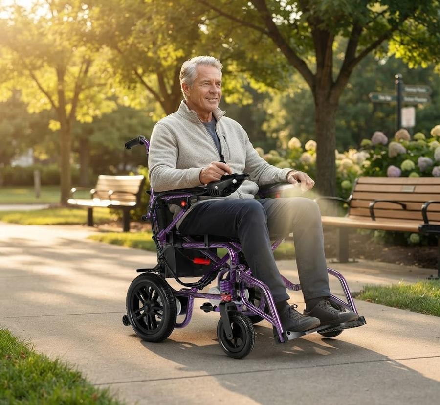 Folding Electric Wheelchair on a park pathway