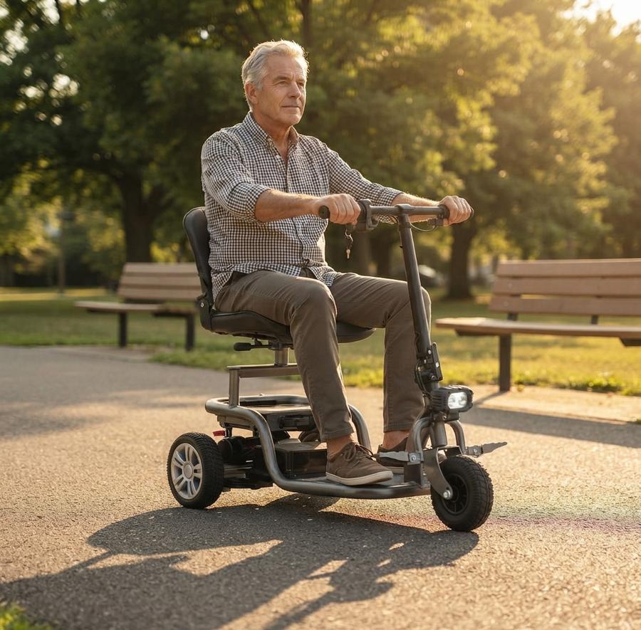 3-Wheel Travel Scooter on a paved sidewalk